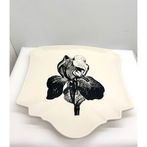 Creative Co-Op Iris Stoneware Plate Black White Botanical Floral DA2807 10x9